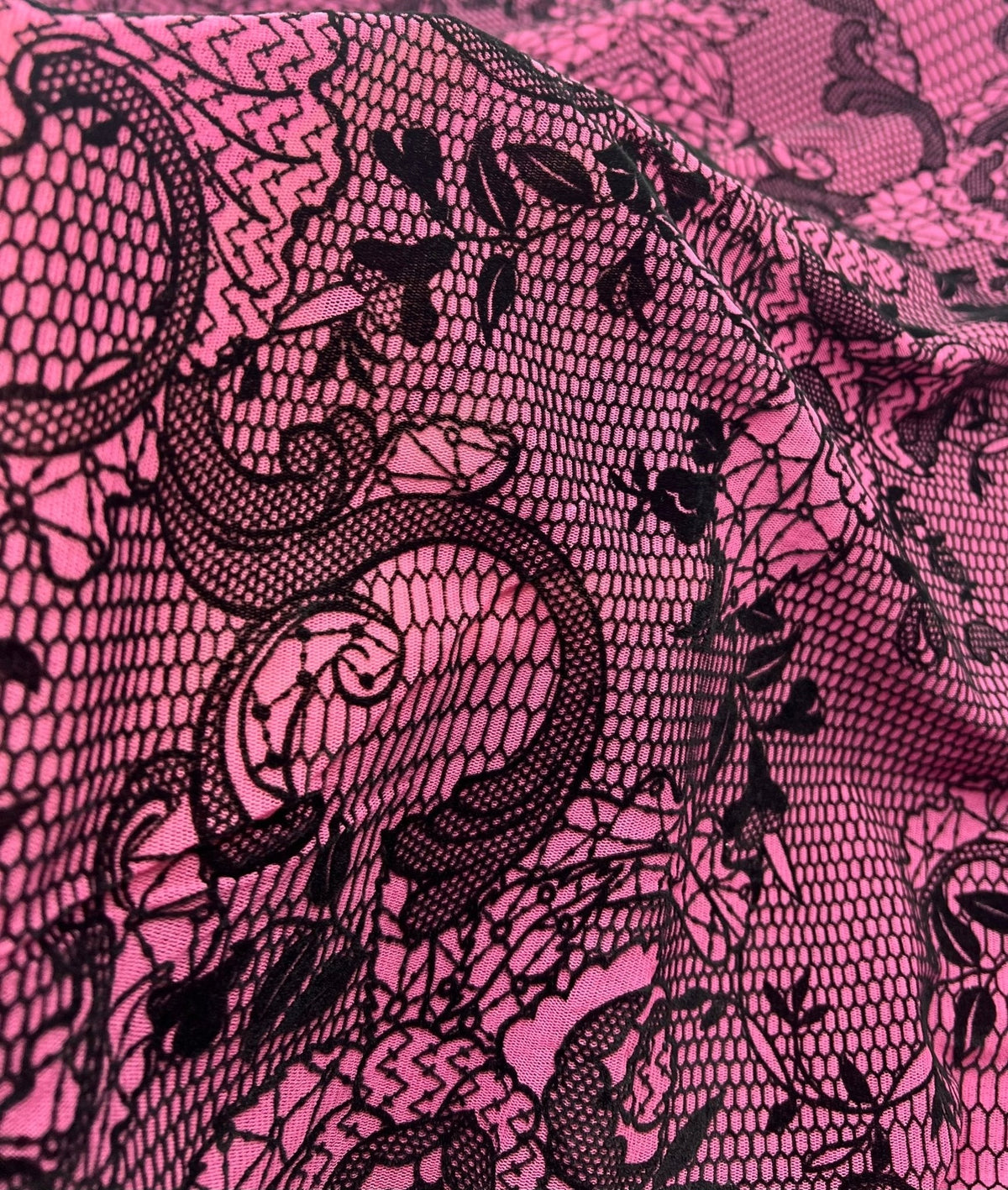 Hot Pink Floral Embossed Flocked Mesh Fabric 2 Way Stretch