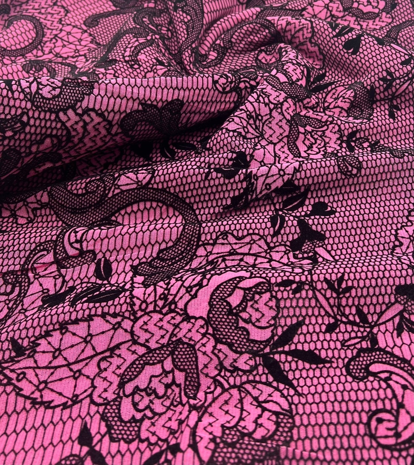 Hot Pink Floral Embossed Flocked Mesh Fabric 2 Way Stretch
