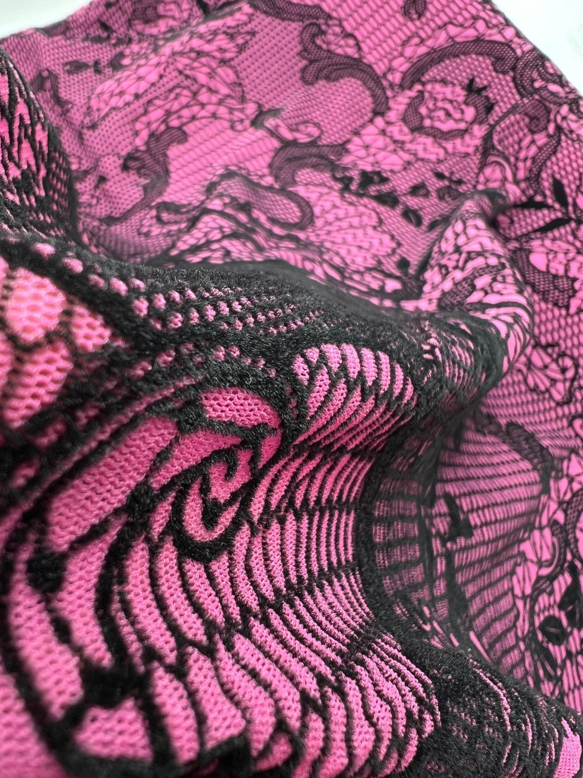 Hot Pink Floral Embossed Flocked Mesh Fabric 2 Way Stretch