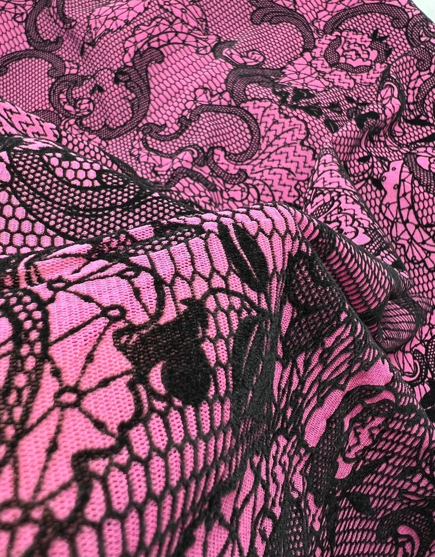 Hot Pink Floral Embossed Flocked Mesh Fabric 2 Way Stretch