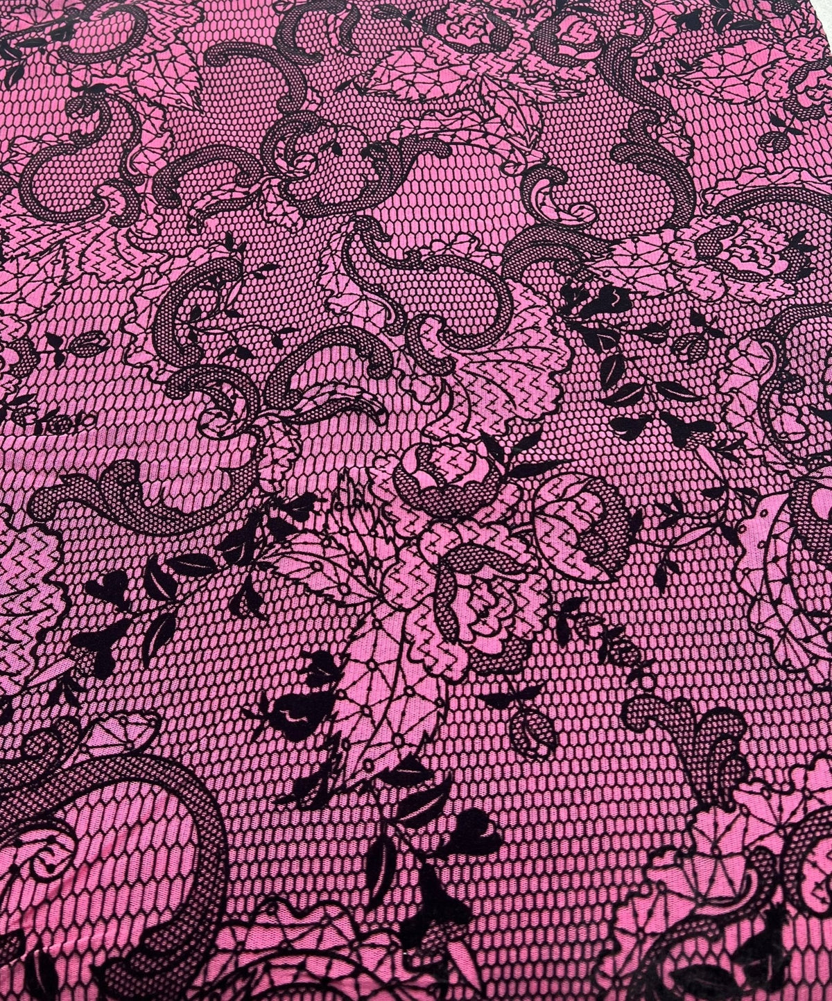 Hot Pink Floral Embossed Flocked Mesh Fabric 2 Way Stretch