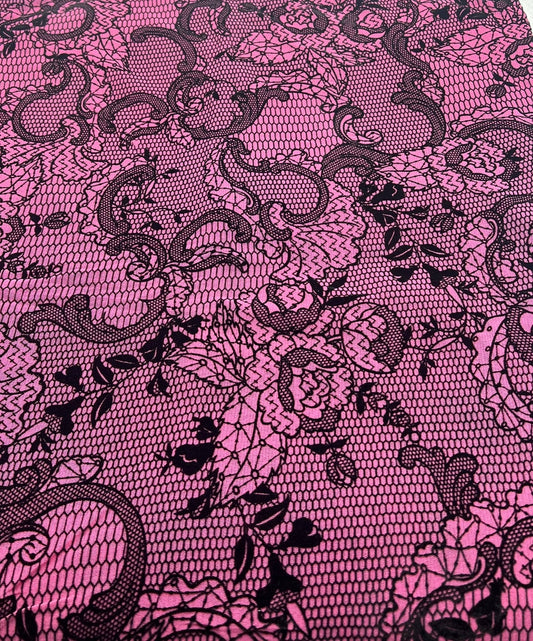 Hot Pink Floral Embossed Flocked Mesh Fabric 2 Way Stretch