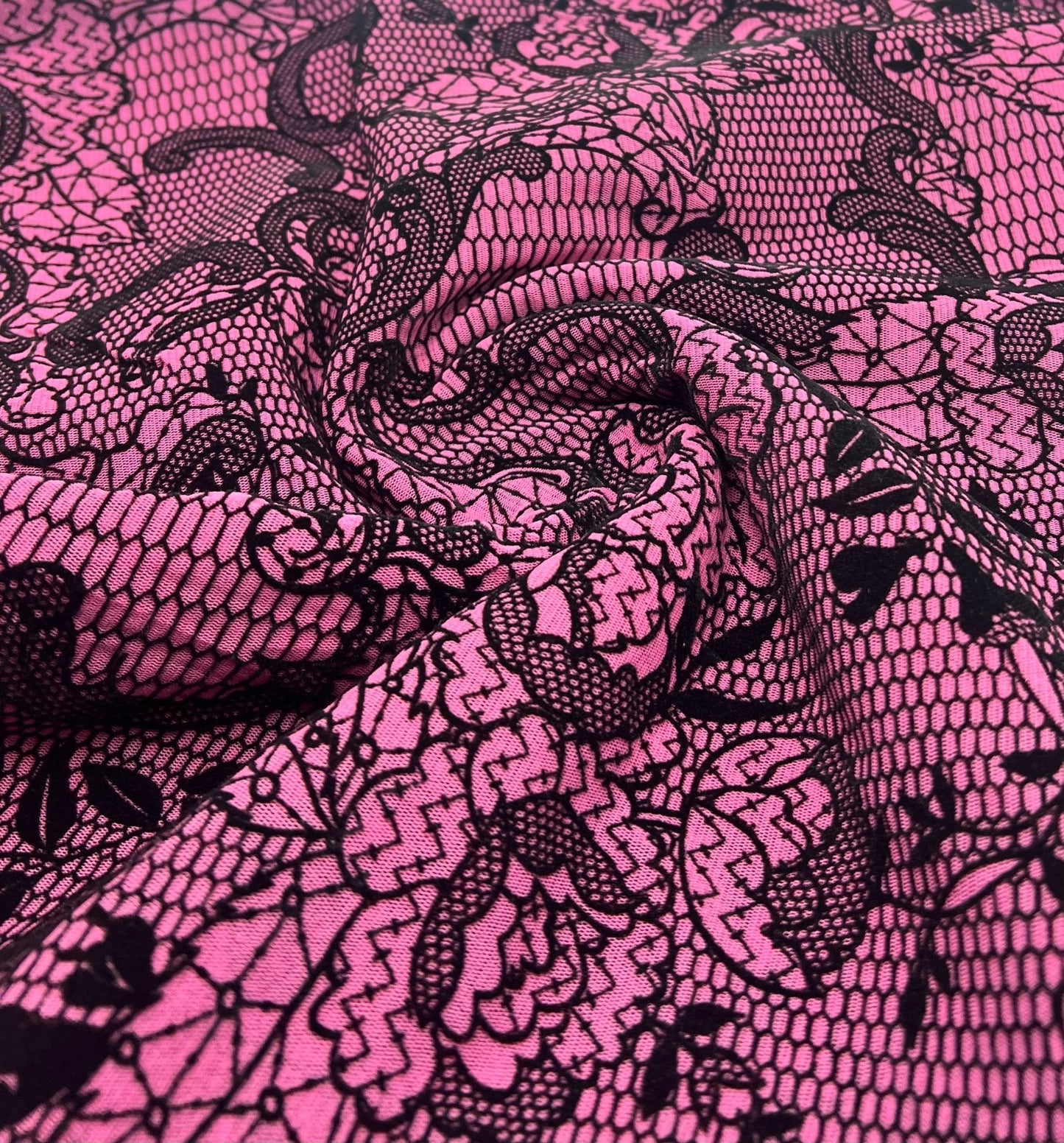 Hot Pink Floral Embossed Flocked Mesh Fabric 2 Way Stretch
