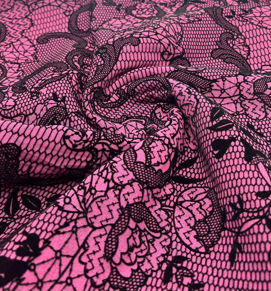 Hot Pink Floral Embossed Flocked Mesh Fabric 2 Way Stretch