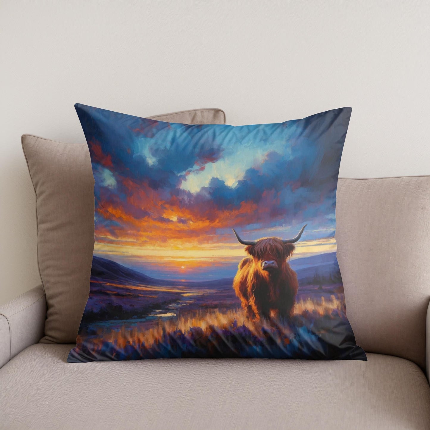 Twilight Contrast Highland Cow Cotton Cushion