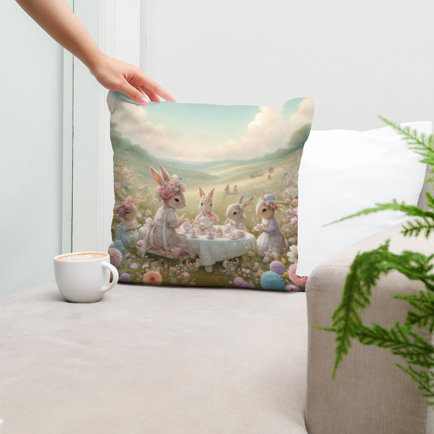 Rabbits' Tea Party Cotton Cushion