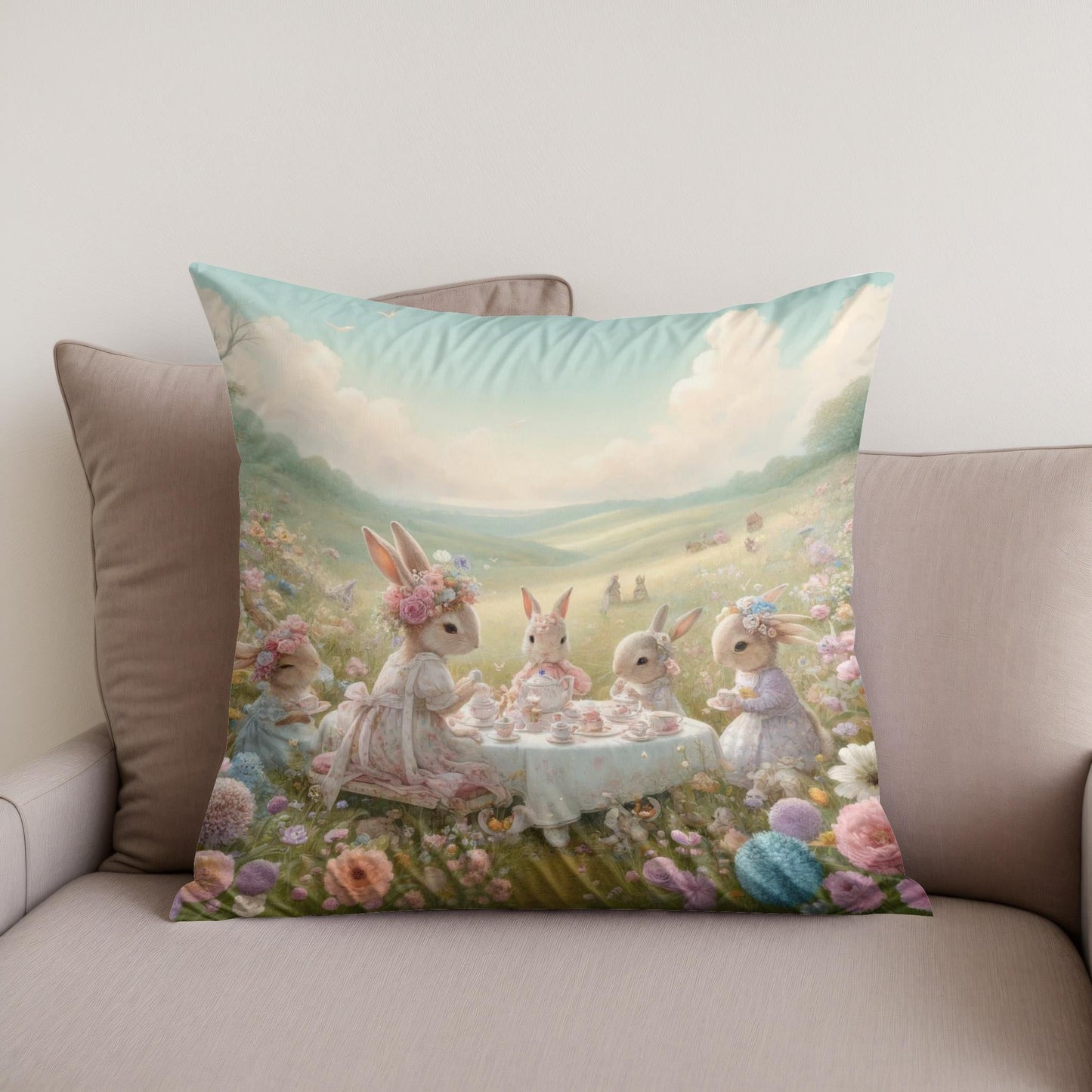 Rabbits' Tea Party Cotton Cushion