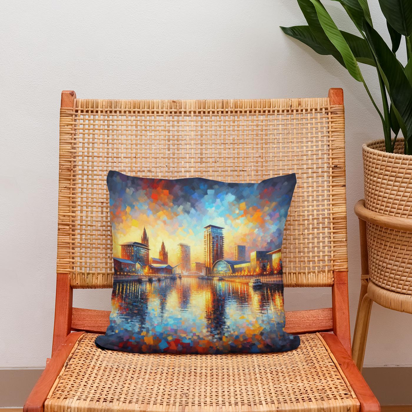 Manchester Salford Quays Sunset Cotton Cushion