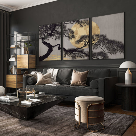 Ideas for Living Room Wall Art | Japanese Pine Moon Grey & Gold | Set of 3