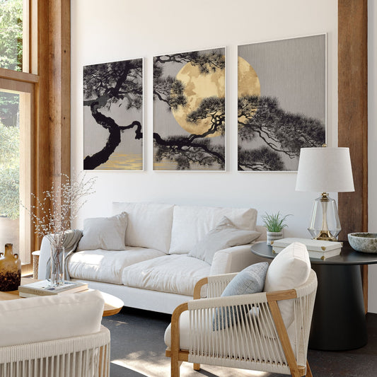 Ideas for Living Room Wall Art | Japanese Pine Moon Grey & Gold | Set of 3