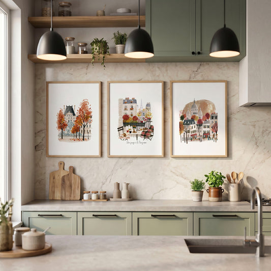 Ideas Kitchen Wall Art Paris Autumn Scenes — Louvre, Eiffel Tower & Montmartre Wall Art Prints | Set of 3