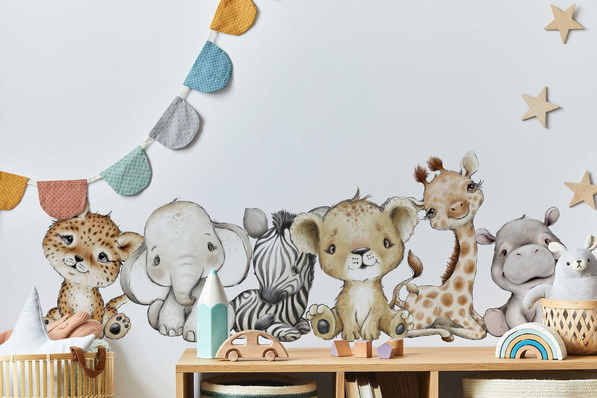 Baby Safari Animals Wall Decals | Giraffe, Lion & Elephant, Set of 6 | Nursery Decor