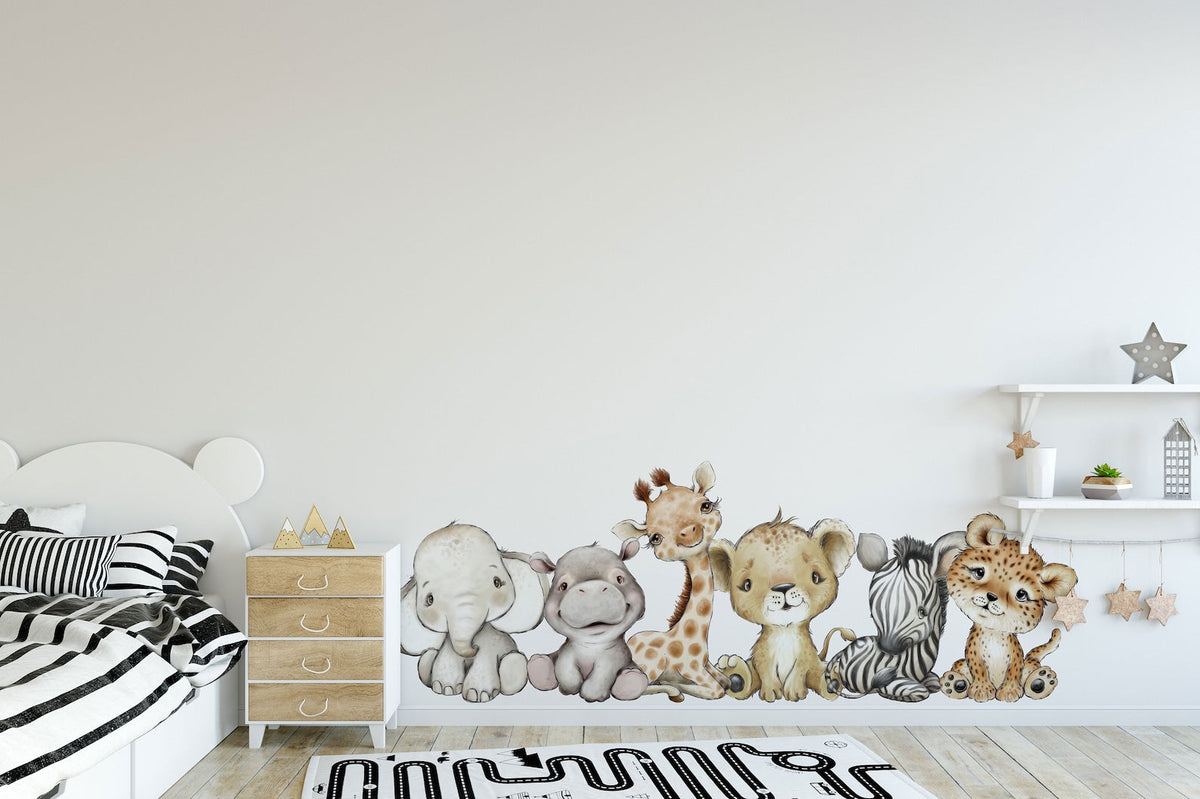 Baby Safari Animals Wall Decals | Giraffe, Lion & Elephant, Set of 6 | Nursery Decor