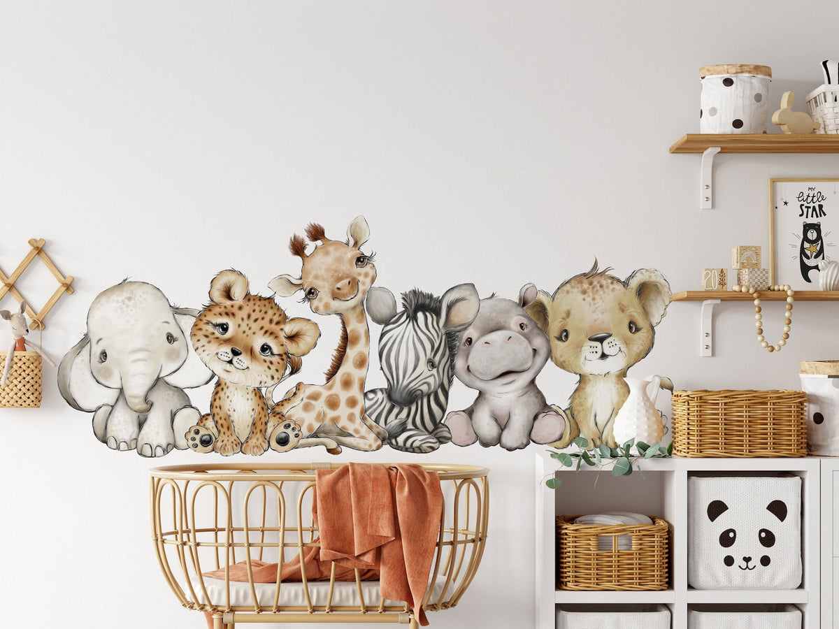 Baby Safari Animals Wall Decals | Giraffe, Lion & Elephant, Set of 6 | Nursery Decor