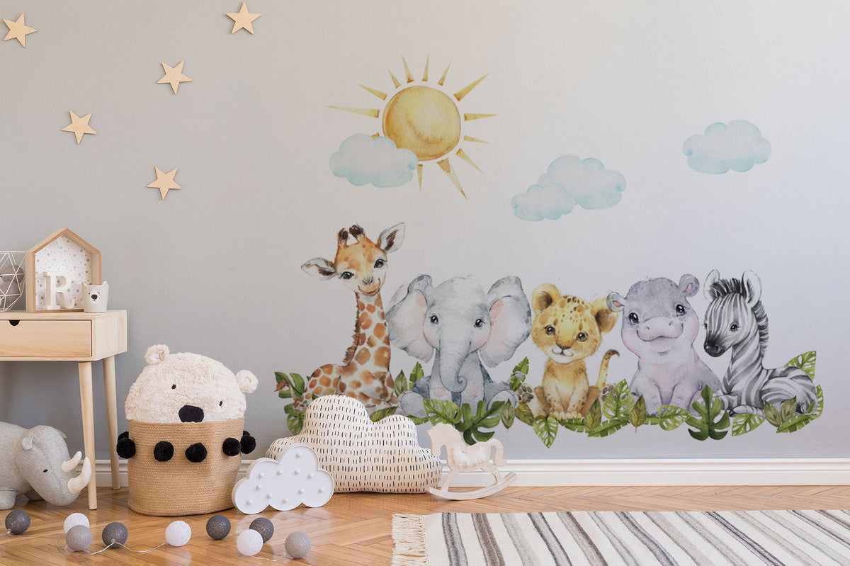Baby Safari Animals Watercolour Wall Decal | Nursery Mural | Lion Elephant Sticker