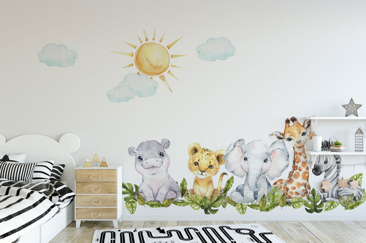 Baby Safari Animals Watercolour Wall Decal | Nursery Mural | Lion Elephant Sticker