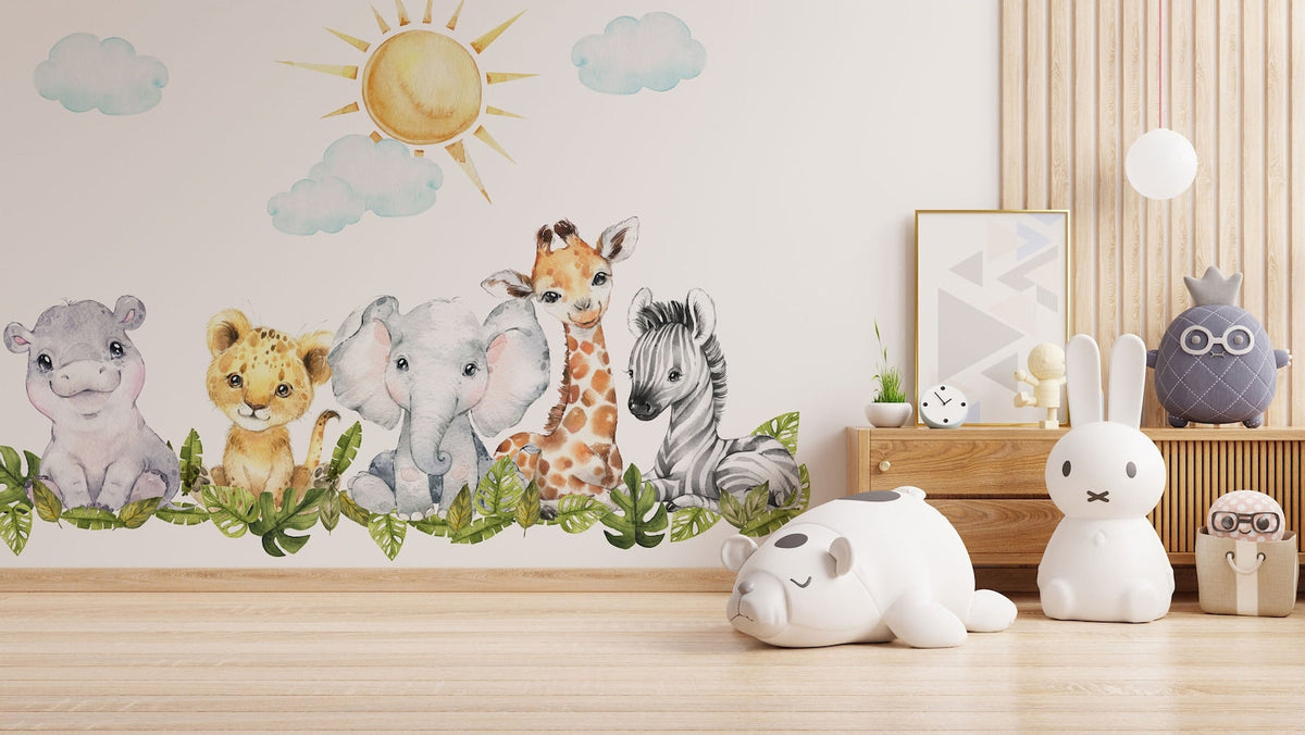 Baby Safari Animals Watercolour Wall Decal | Nursery Mural | Lion Elephant Sticker