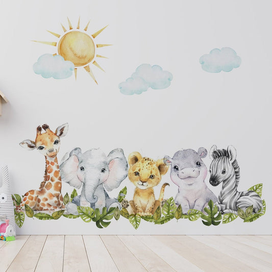 Baby Safari Animals Watercolour Wall Decal | Nursery Mural | Lion Elephant Sticker