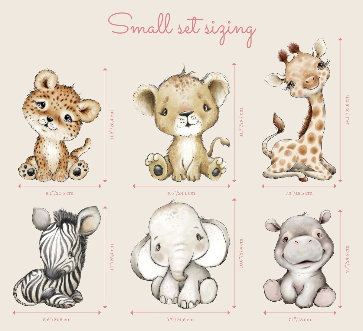 Baby Safari Animals Wall Decals | Giraffe, Lion & Elephant, Set of 6 | Nursery Decor