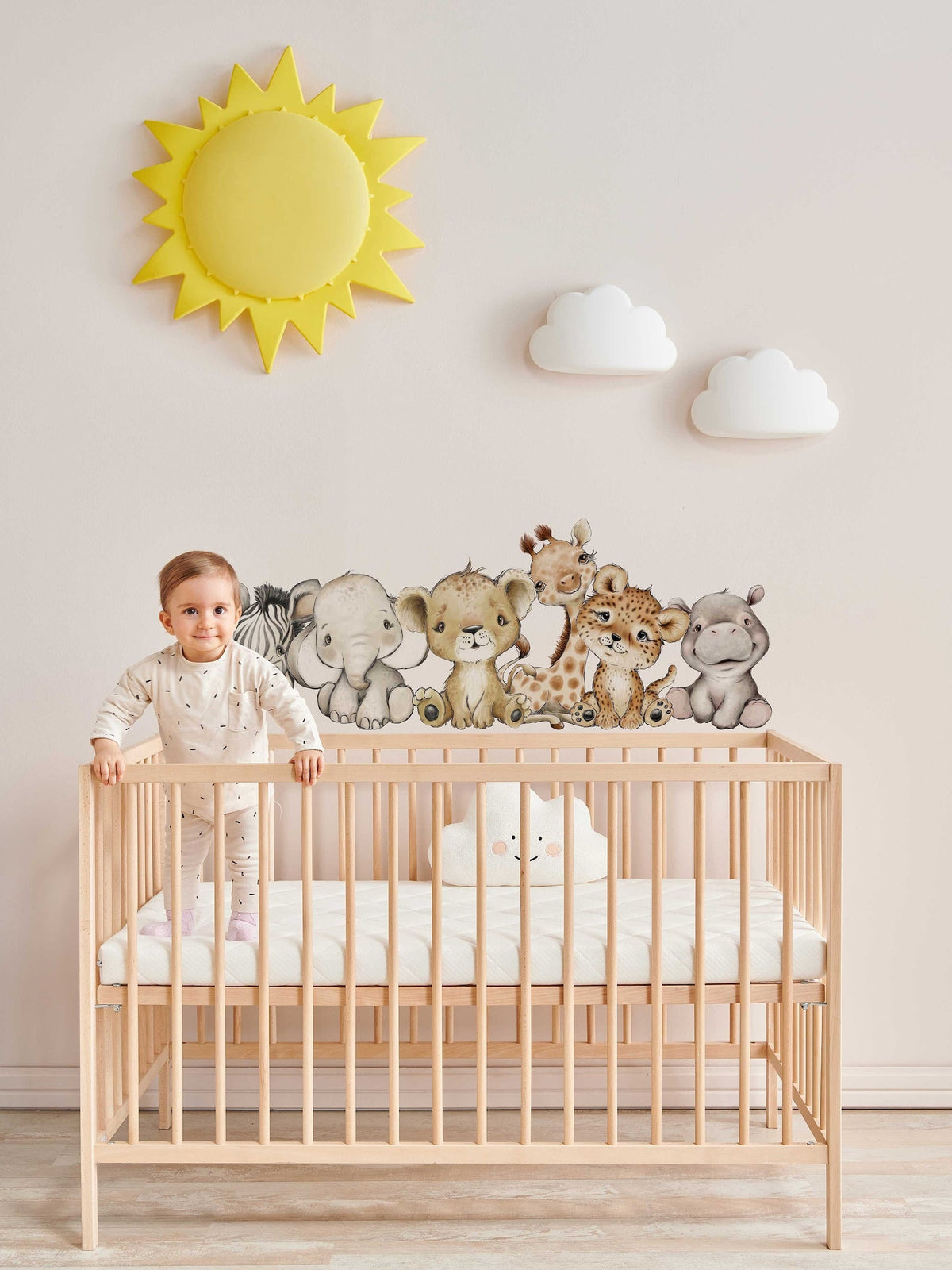 Baby Safari Animals Wall Decals | Giraffe, Lion & Elephant, Set of 6 | Nursery Decor