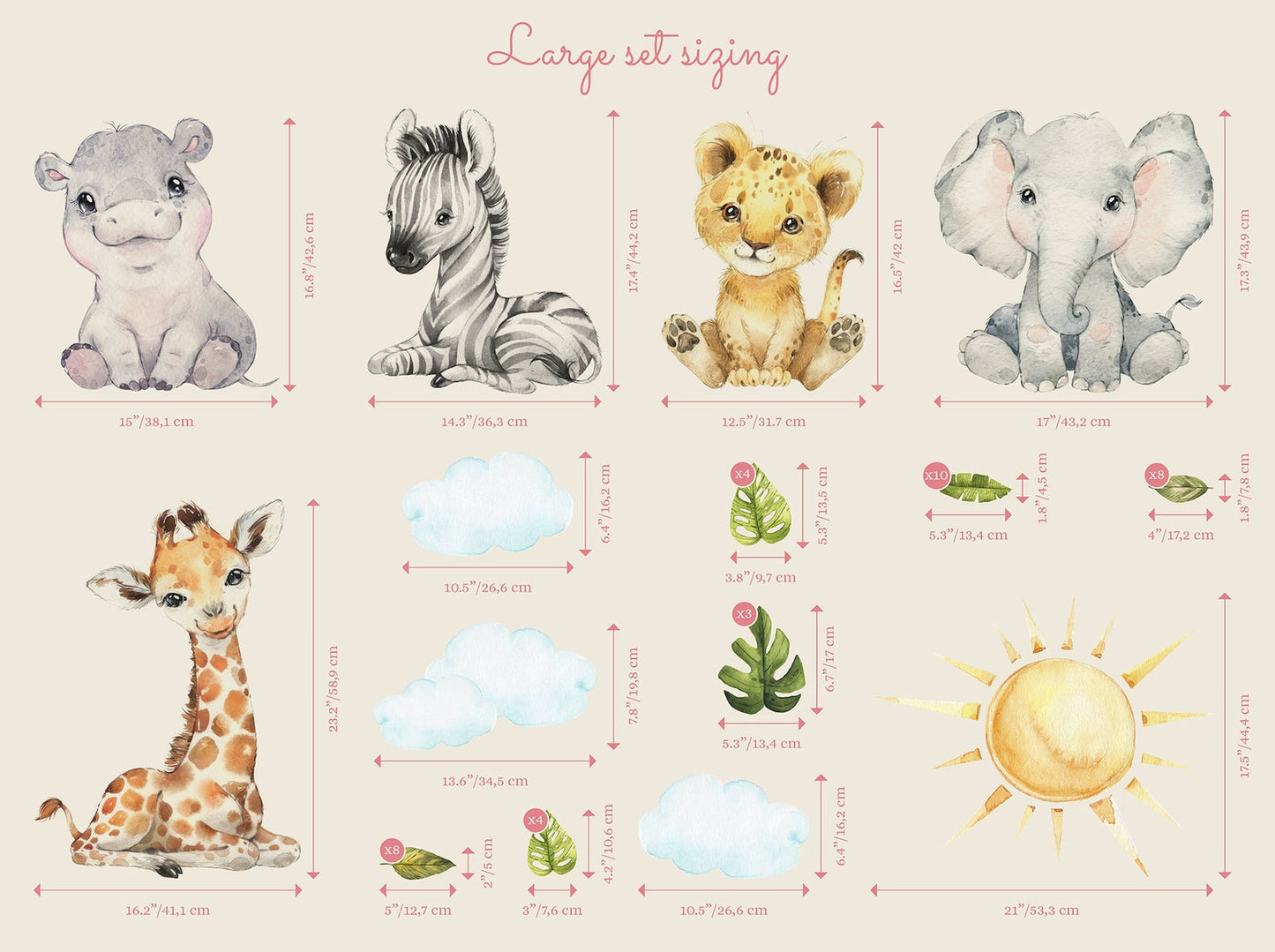 Baby Safari Animals Watercolor Wall Decal | Nursery Mural | Lion Elephant Sticker