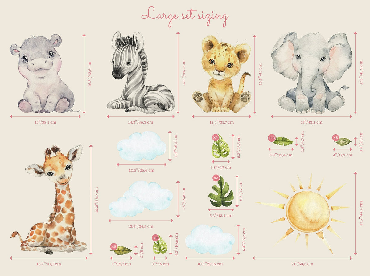 Baby Safari Animals Watercolour Wall Decal | Nursery Mural | Lion Elephant Sticker