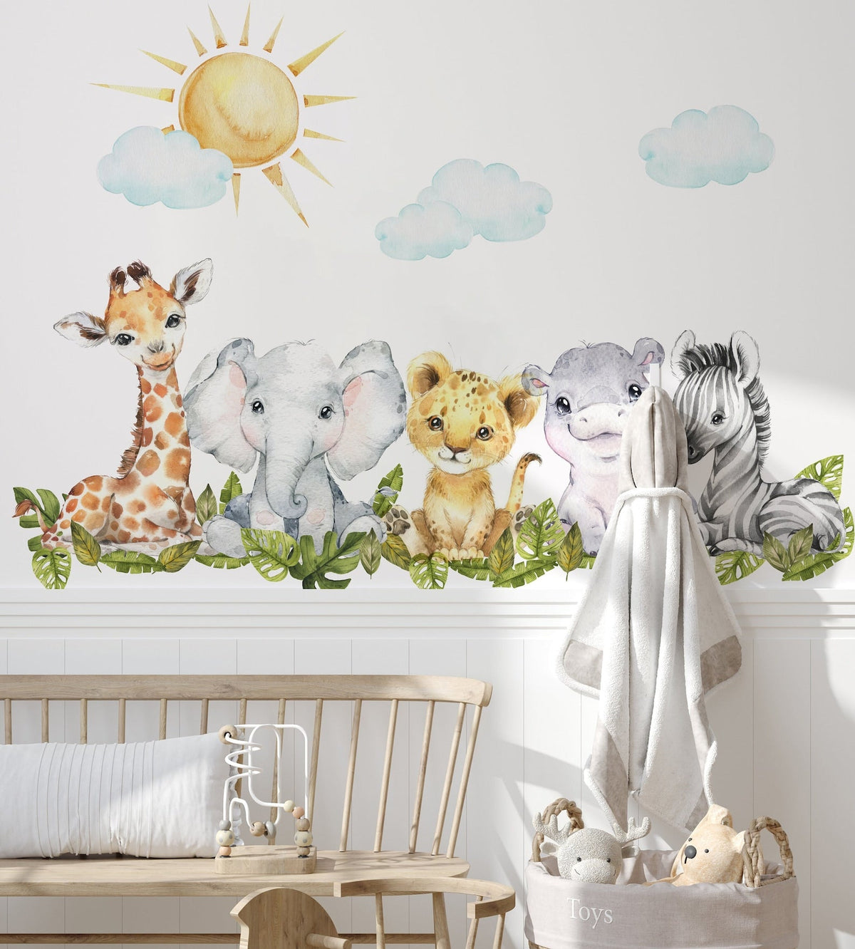 Baby Safari Animals Watercolour Wall Decal | Nursery Mural | Lion Elephant Sticker