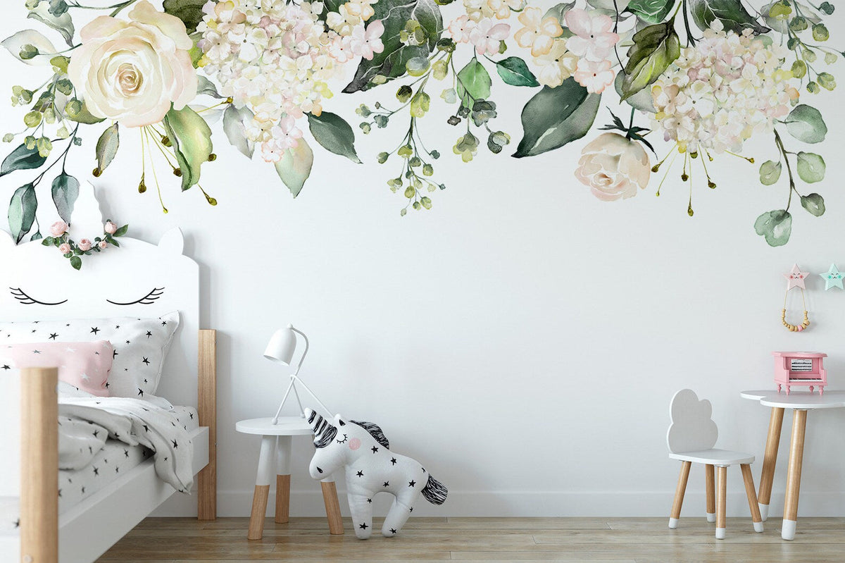Watercolour White Floral Wall Decal | Soft Bouquet Wall Mural | Nursery Flowers Art Print