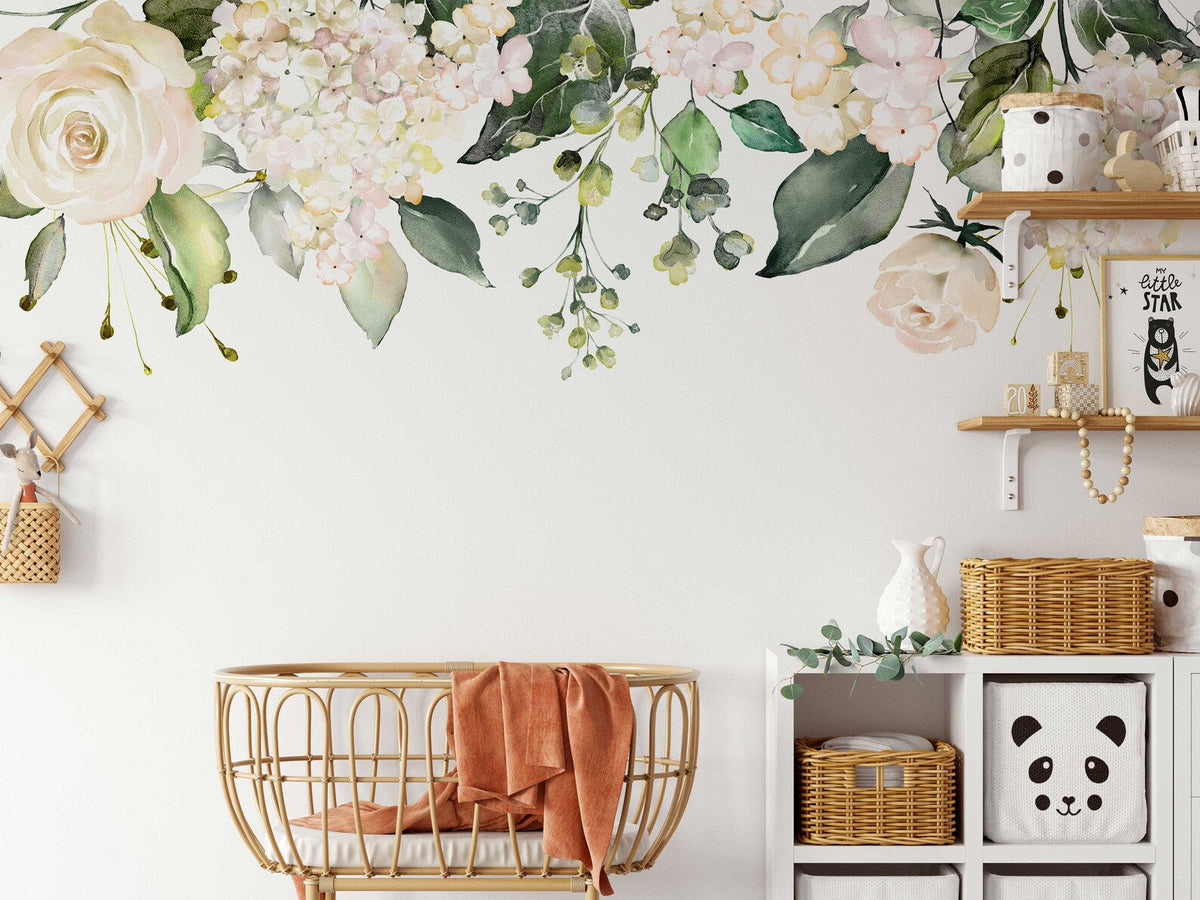 Watercolour White Floral Wall Decal | Soft Bouquet Wall Mural | Nursery Flowers Art Print