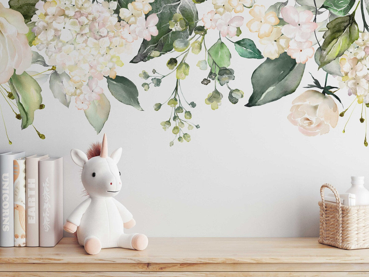 Watercolour White Floral Wall Decal | Soft Bouquet Wall Mural | Nursery Flowers Art Print