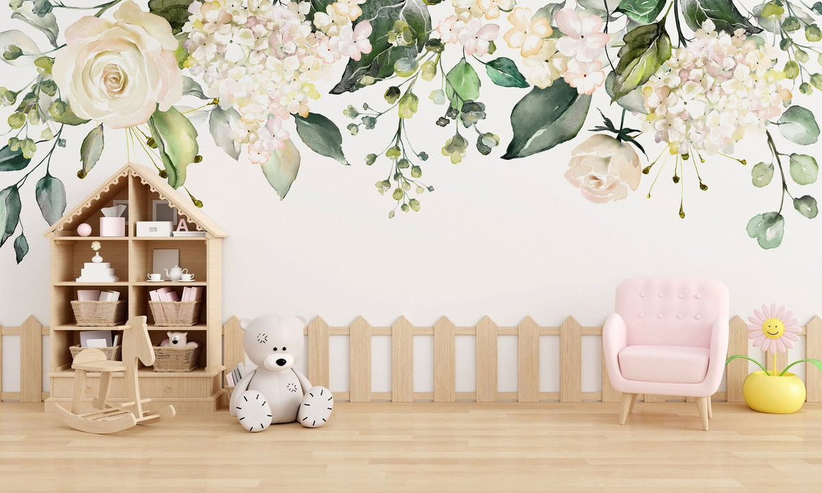 Watercolour White Floral Wall Decal | Soft Bouquet Wall Mural | Nursery Flowers Art Print