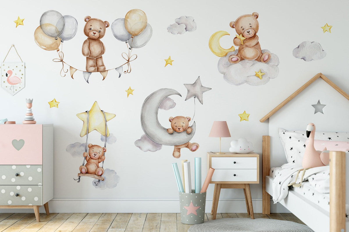 Sleeping Bears Wall Decal | Bears in the Air Nursery Wall Sticker | Clouds and Stars Wall Decor