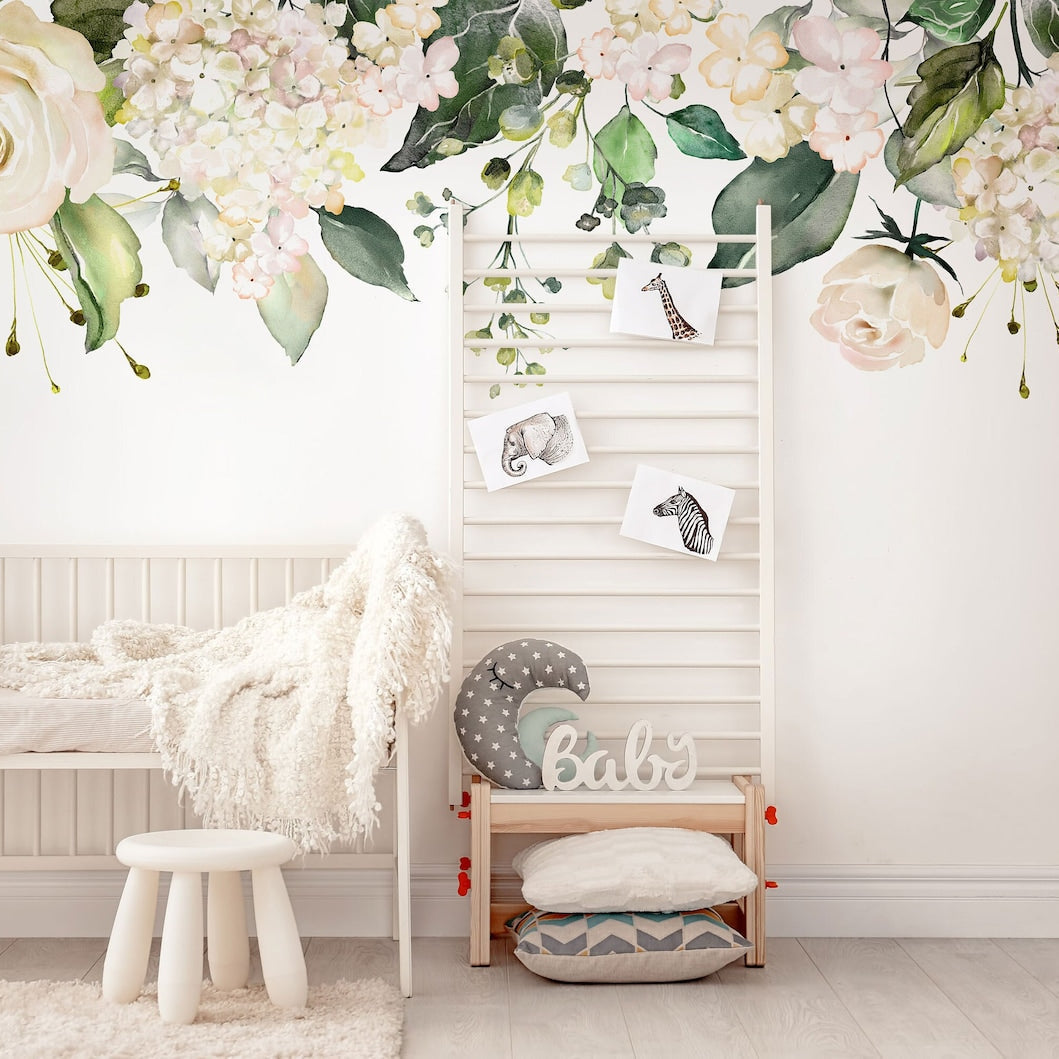Watercolour White Floral Wall Decal | Soft Bouquet Wall Mural | Nursery Flowers Art Print
