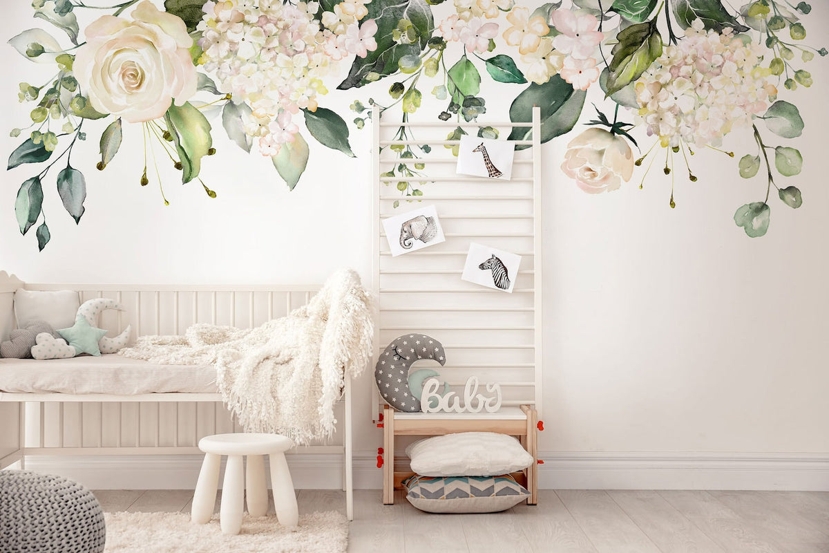 Watercolour White Floral Wall Decal | Soft Bouquet Wall Mural | Nursery Flowers Art Print