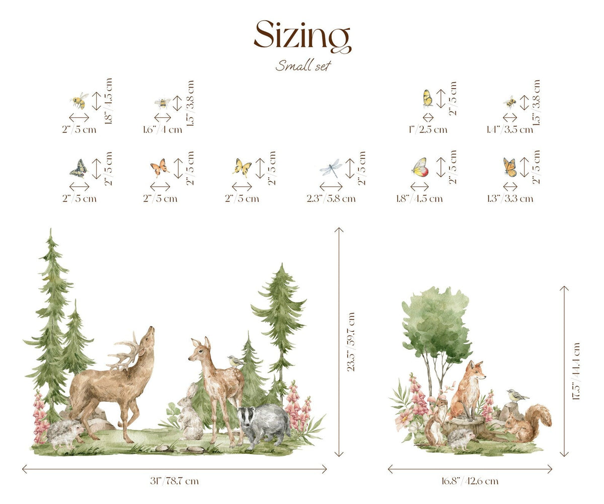 Forest Animals Wall Decal | Cute Animals with Big Trees Wall Sticker | Nursery Watercolour Forest Animals Wall Decals