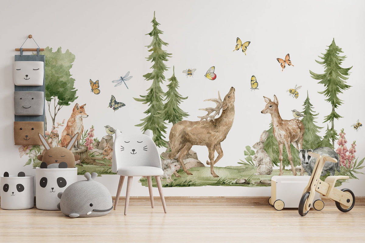 Forest Animals Wall Decal | Cute Animals with Big Trees Wall Sticker | Nursery Watercolour Forest Animals Wall Decals