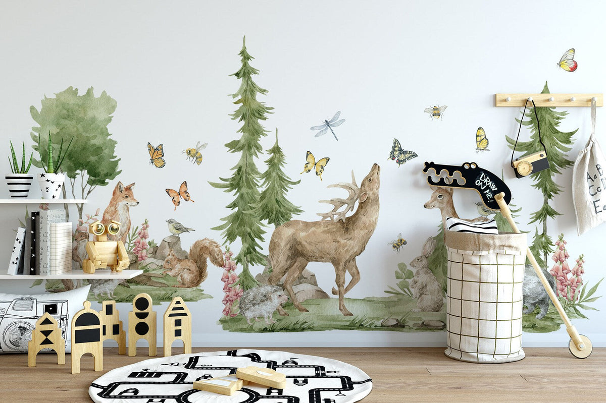 Forest Animals Wall Decal | Cute Animals with Big Trees Wall Sticker | Nursery Watercolour Forest Animals Wall Decals