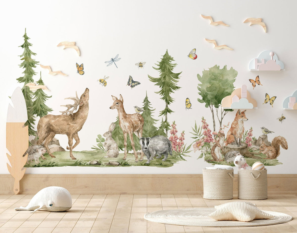 Forest Animals Wall Decal | Cute Animals with Big Trees Wall Sticker | Nursery Watercolour Forest Animals Wall Decals
