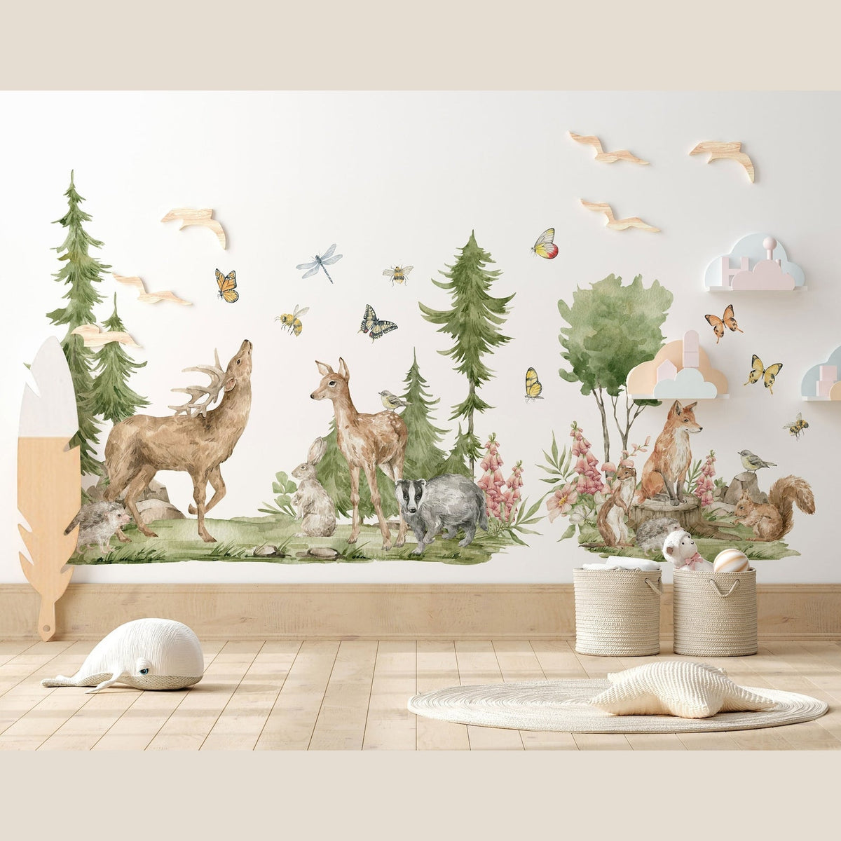 Forest Animals Wall Decal | Cute Animals with Big Trees Wall Sticker | Nursery Watercolour Forest Animals Wall Decals