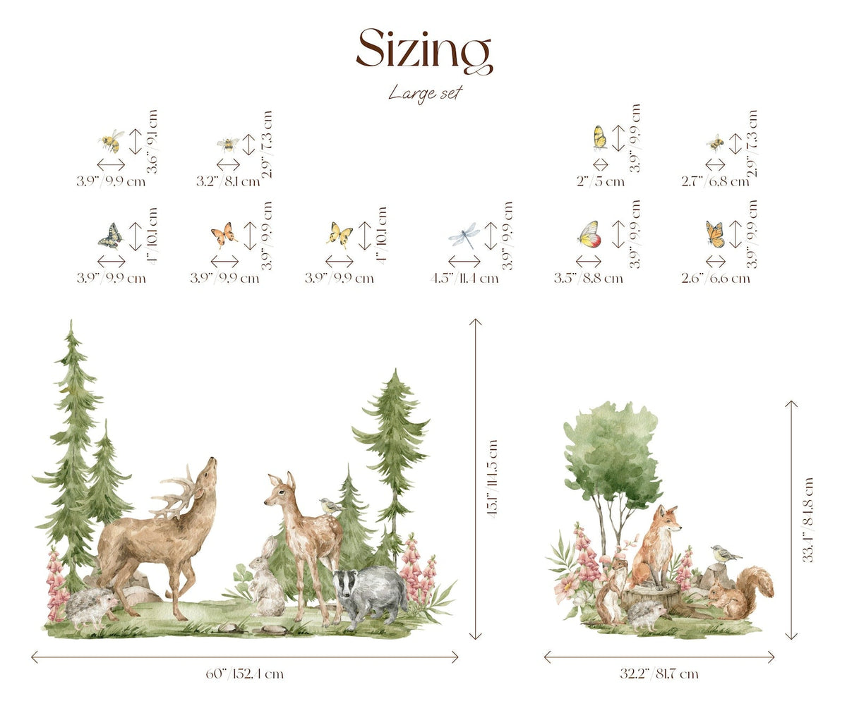 Forest Animals Wall Decal | Cute Animals with Big Trees Wall Sticker | Nursery Watercolour Forest Animals Wall Decals