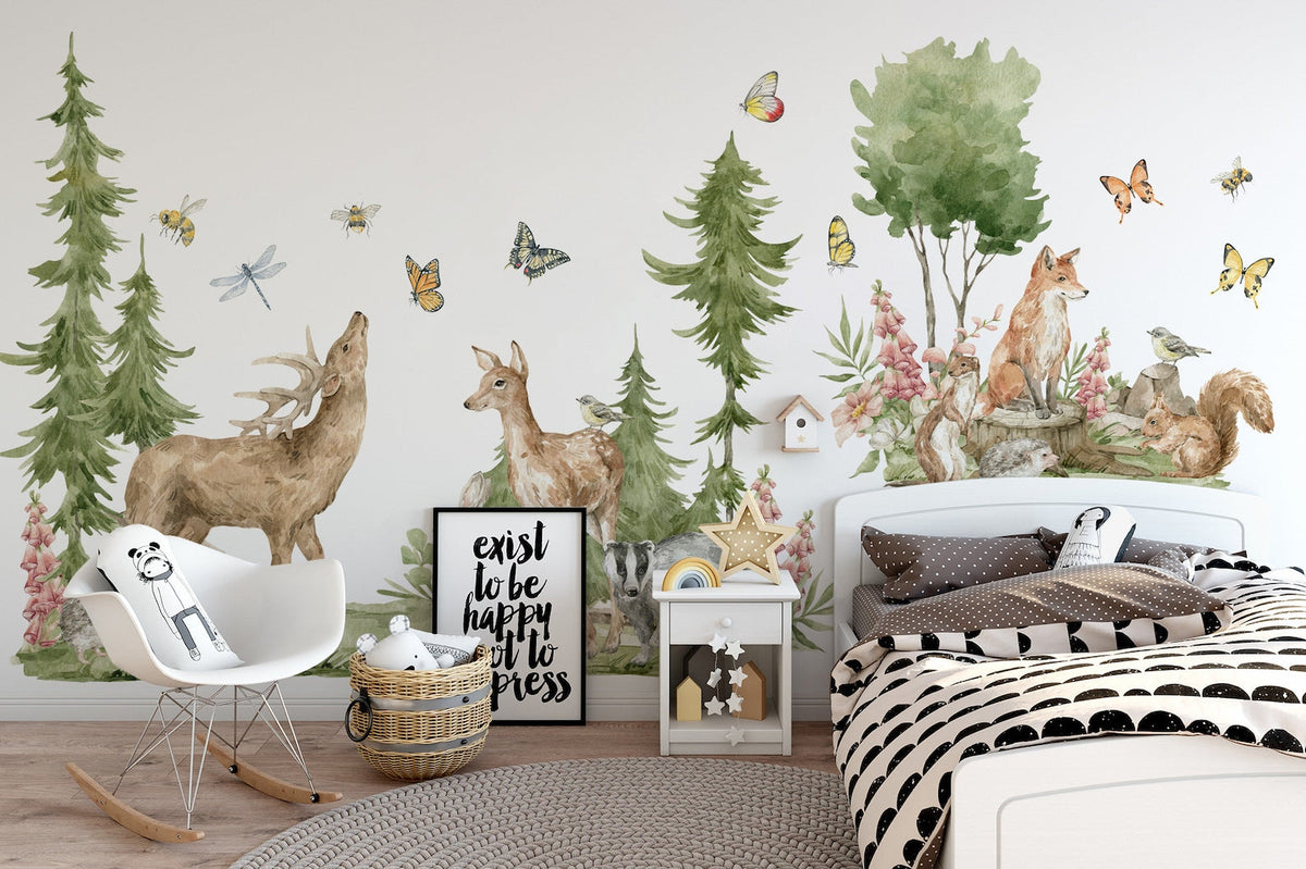 Forest Animals Wall Decal | Cute Animals with Big Trees Wall Sticker | Nursery Watercolour Forest Animals Wall Decals