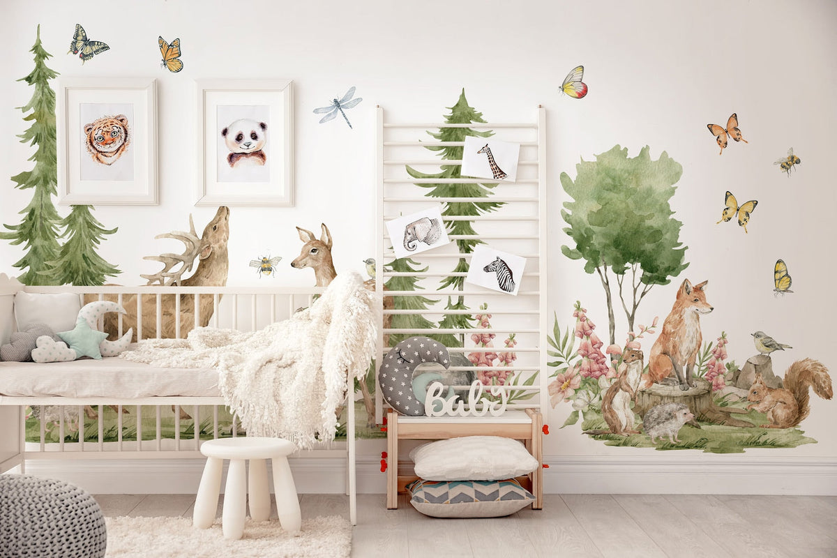 Forest Animals Wall Decal | Cute Animals with Big Trees Wall Sticker | Nursery Watercolour Forest Animals Wall Decals