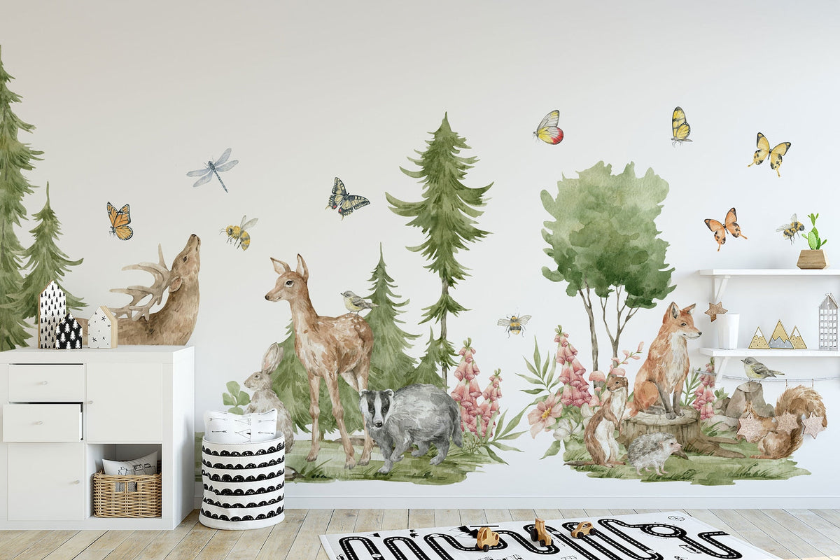 Forest Animals Wall Decal | Cute Animals with Big Trees Wall Sticker | Nursery Watercolour Forest Animals Wall Decals