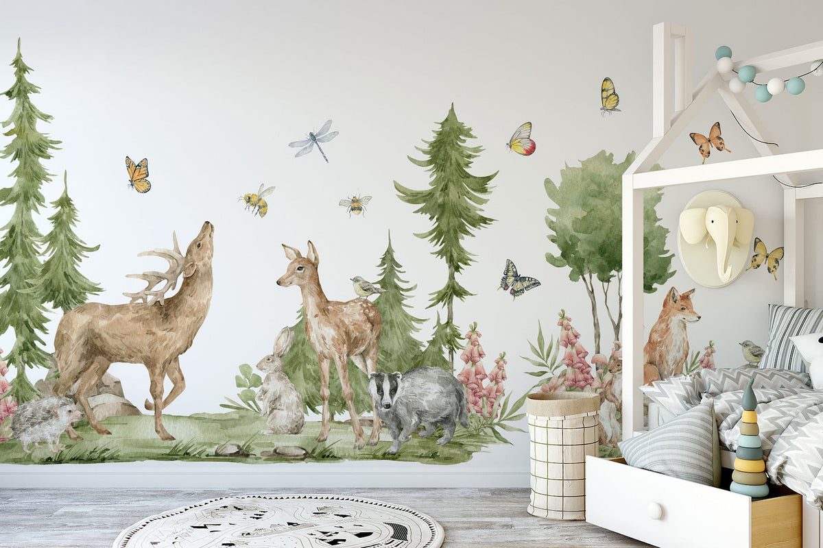 Forest Animals Wall Decal | Cute Animals with Big Trees Wall Sticker | Nursery Watercolour Forest Animals Wall Decals