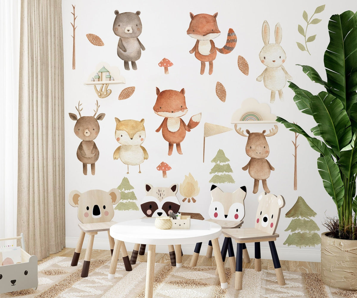 Forest Animals Nursery Wall Decal | Woodland Nursery Decal | Watercolour Bear, Deer, Owl, Fox, Rabbit Stickers | Peel and Stick Wall Decal
