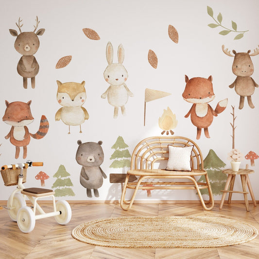 Forest Animals Nursery Wall Decal | Woodland Nursery Decal | Watercolour Bear, Deer, Owl, Fox, Rabbit Stickers | Peel and Stick Wall Decal