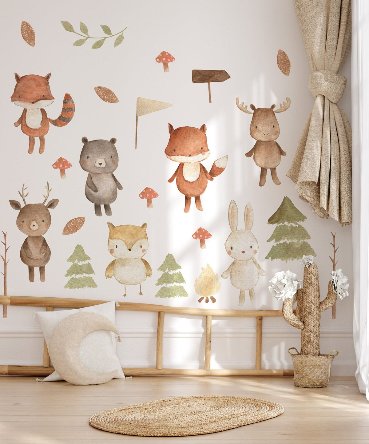 Forest Animals Nursery Wall Decal | Woodland Nursery Decal | Watercolour Bear, Deer, Owl, Fox, Rabbit Stickers | Peel and Stick Wall Decal
