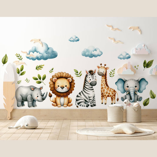 Safari Wall Stickers | Set for Kids | Safari Animals | Wall Decals | Africa Watercolour Decals Set | Nursery Peel and Stick Wall Decor