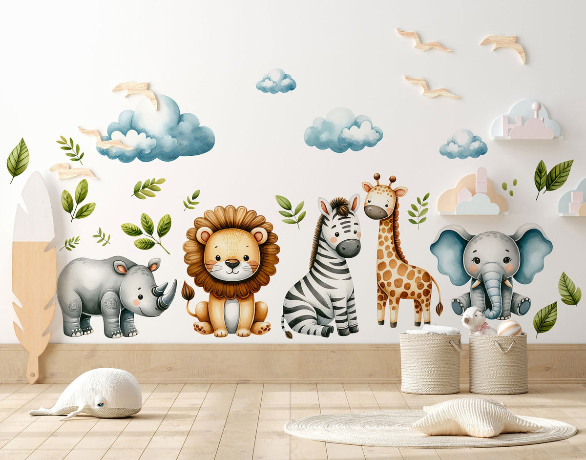 Safari Wall Stickers | Set for Kids | Safari Animals | Wall Decals | Africa Watercolour Decals Set | Nursery Peel and Stick Wall Decor