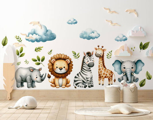 Safari Wall Stickers | Set for Kids | Safari Animals | Wall Decals | Africa Watercolour Decals Set | Nursery Peel and Stick Wall Decor
